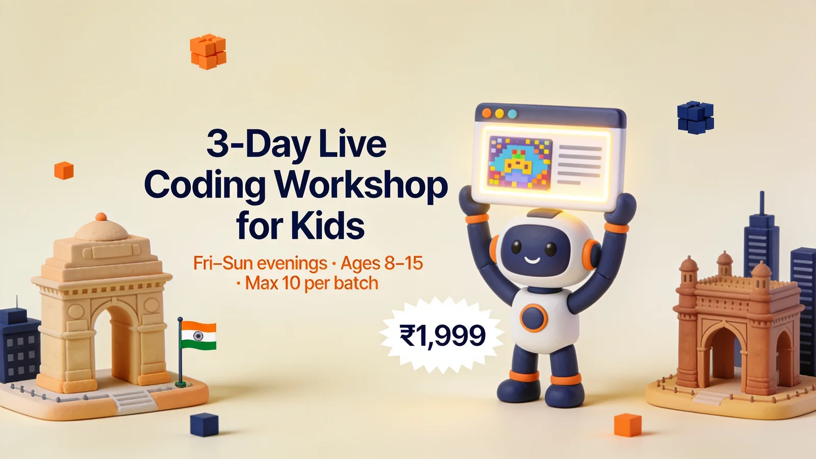 Live coding workshop for kids across India — ₹1,999, weekend batches, ages 8–15