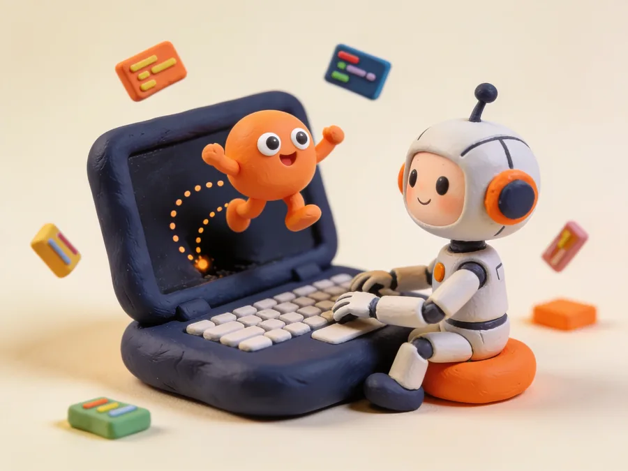 A clay robot writing code on a laptop, a game character jumping out of the screen
