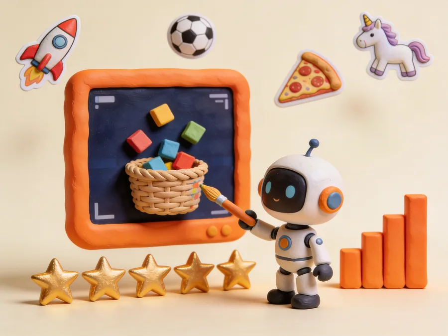 Clay robot customizing its game with themes, scoring and levels