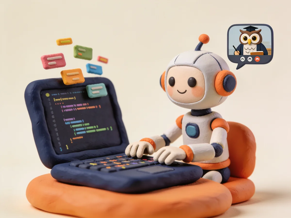Clay robot writing code on a laptop with a teacher on video call