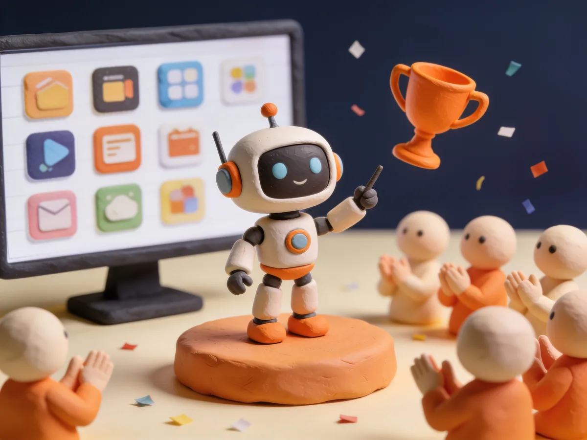 Clay robot presenting on stage at Demo Day while the audience claps