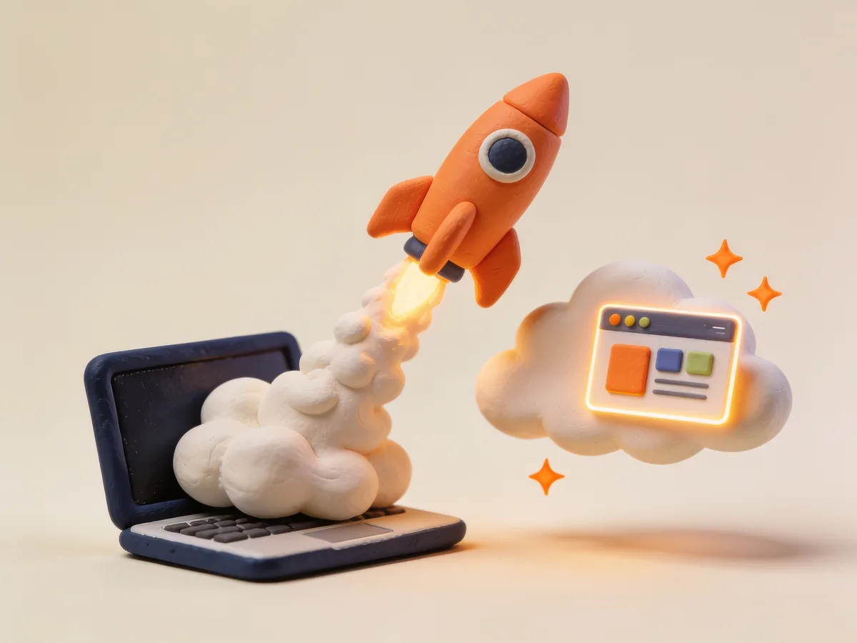 Clay rocket launching from a laptop to a cloud with a live website