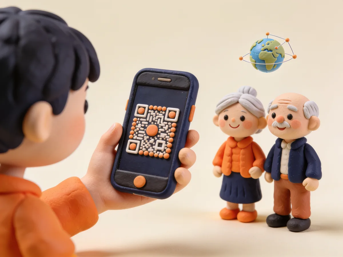 Clay phone showing a QR code being shared with grandparents